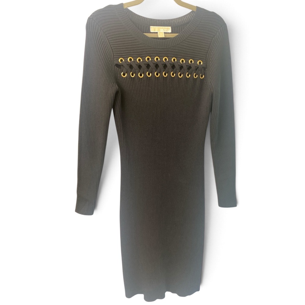 Michael Kors Black Ribbed Lace Up Grommet Long Sleeve Sweater Dress Medium